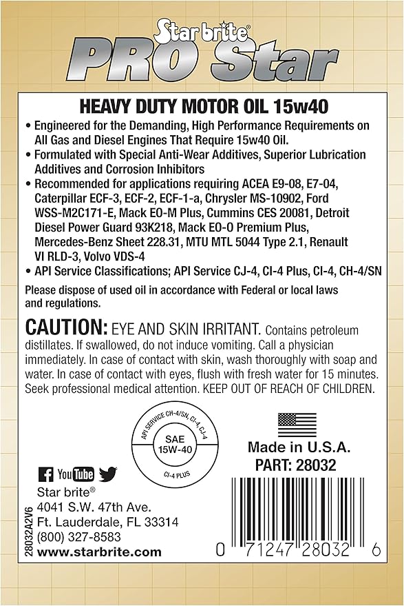 STAR BRITE Pro Star Super Premium Motor Oil SAE 15W-40 - High Performance, Heavy-Duty Engine Protection - Meets API CI, CJ-4, & More - 32 OZ