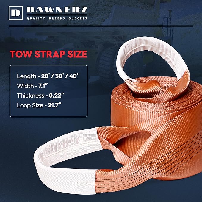 Tow Strap Heavy Duty 40ft 100000 lbs Minimum Break Strength - Recovery Towing Rope 55 US Tons 12m for Tractors and Dump Trucks