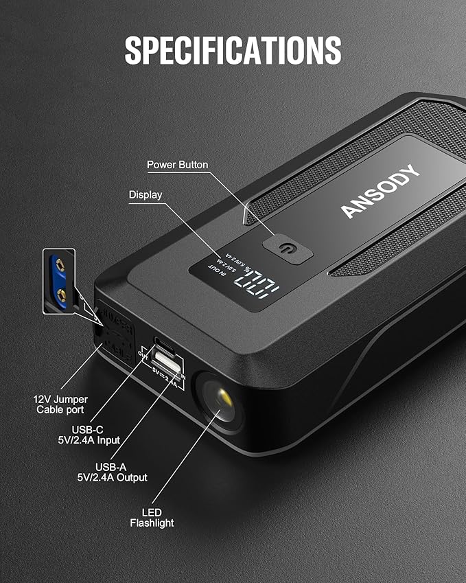 3000A Peak Car Jump Starter(Up to 10L Gas or 8L Diesel Engine), Battery Booster with Jump Leads, Built-in LED Floodlight & SOS, -20℃ Cold Cranking, Jump Box for 12V Pickup SUV Motorcycle