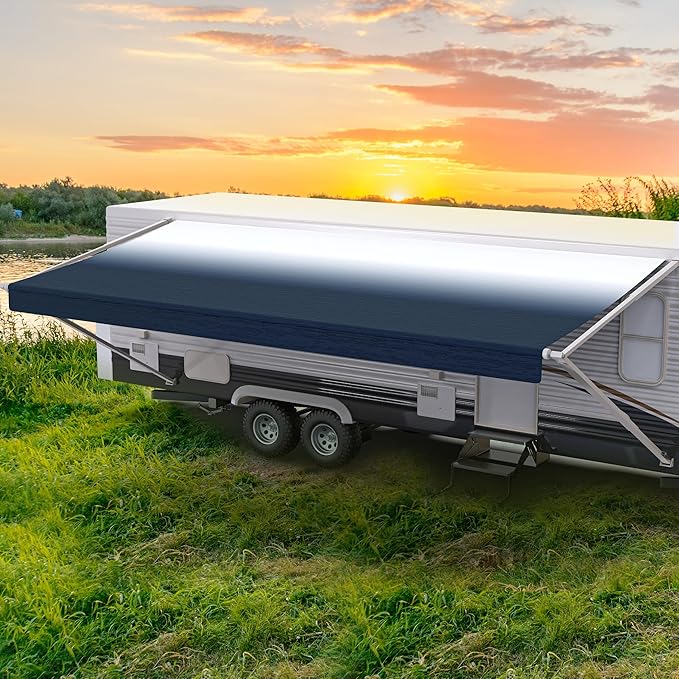ShadePro - RV Awning Fabric Replacement - Premium Grade Weatherproof Vinyl - Universal Outdoor Canopy for Camper, Trailer, and Motorhome Awnings - Slate Blue Fade - 12' (Fabric 11' 2")