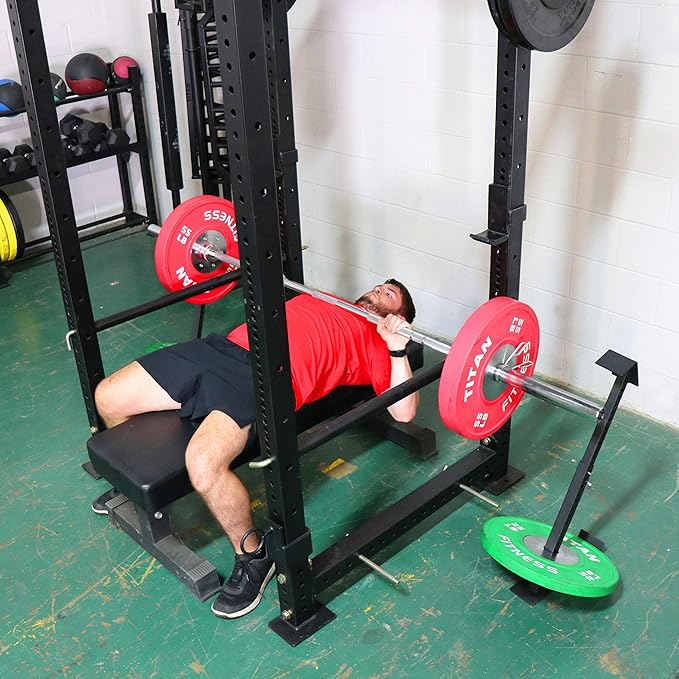 Titan Fitness Eccentric Hooks, Fully Adjustable 20" - 35" Steel Hook Barbell Attachment, Overload Lifting for Explosiveness, Fits Olympic-Sized Weight Plates, Squat or Bench Use, Weight Releasers