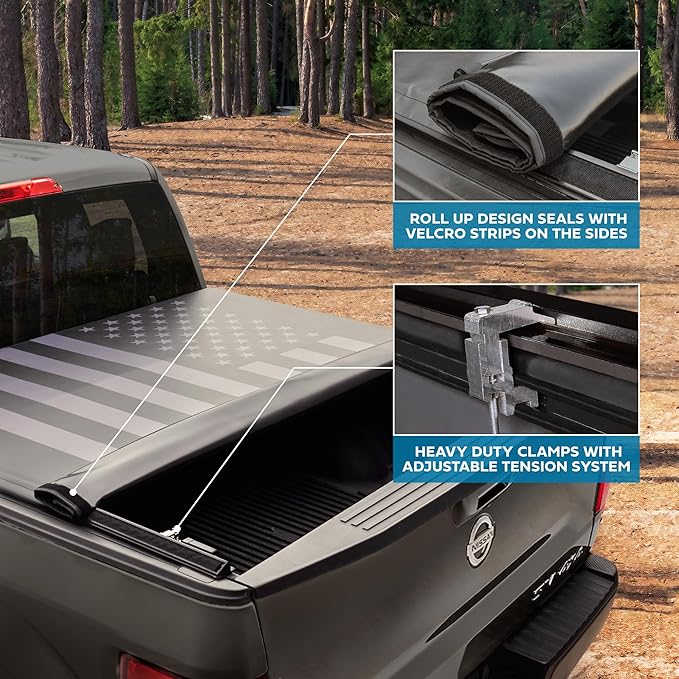 US Flag Truck Tonneau Cover for Nissan Frontier 2005-2025 5 ft Bed Length (Extra Short Bed), Soft Roll-Up All-Weather Retractable Truck Bed Cover with Black/Gray Flag