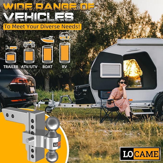 LOCAME Adjustable Trailer Hitch, Fits 2-Inch Receiver, 6-Inch Drop/Rise Aluminum Drop Hitch,12,500 LBS GTW-Tow Hitch for Heavy Duty Truck with Double Stainless Steel Locks, Silver