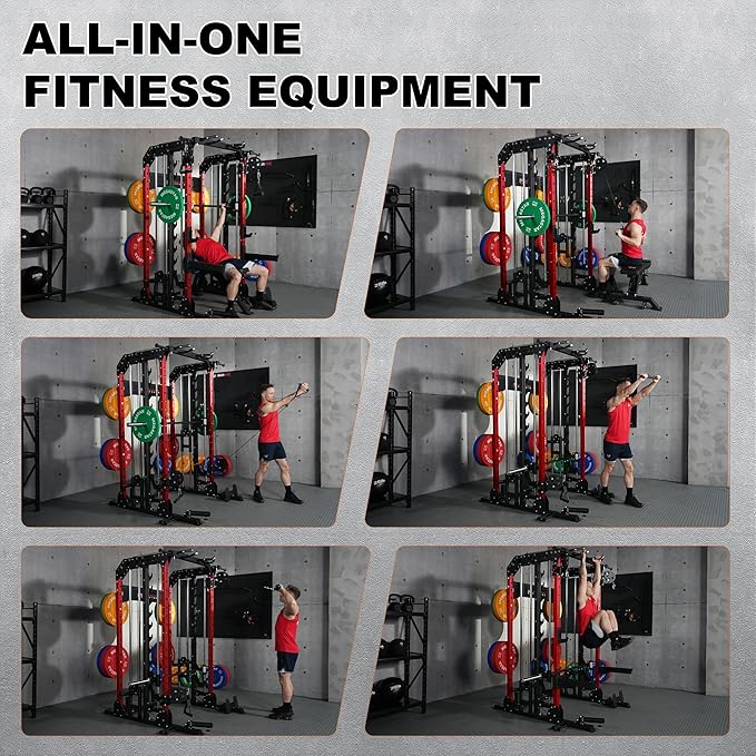 Smith Machine for Home Gym - 2000lbs Capacity All-in-One Power Rack with Cable Crossover, Pull-Up Bar & Dip Station, Includes 18 Attachments, P107 Anvil