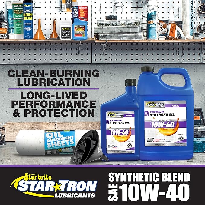 STAR BRITE Star Tron Premium 4 Stroke Marine Oil - 10W-40 Synthetic Blend Engine Oil for Outboards, Gasoline Inboards & Stern Drives - NMMA FC-W Certified, 32 OZ (028232)