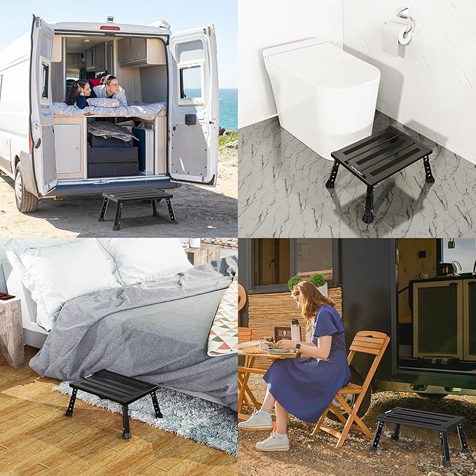 Adjustable RV Step Stool, 3-Step Height Adjustment, Foldable Legs, Wide Anti-Slip Surface,Supports Up to 1,000 lb, Premium Aluminum Construction Easy to Carry