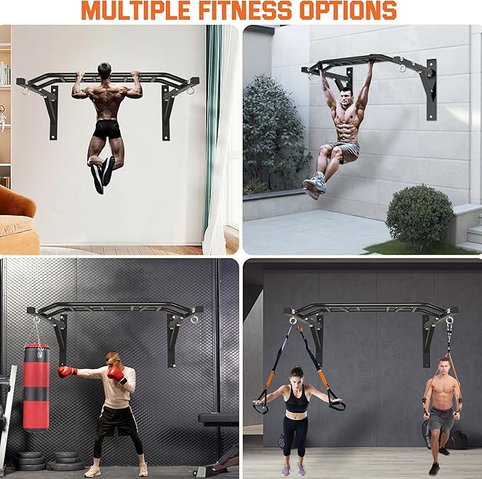 Upgraded-HWOOUSA Pull Up Bar Wall Mounted,Heavy Duty Multi Grip Bar with 14 Grip Positions,Space Saving Home Gym Equipment -Ideal for Garage,Outdoor Strength Training, Chin Up Bar,Supports to 600 Lbs