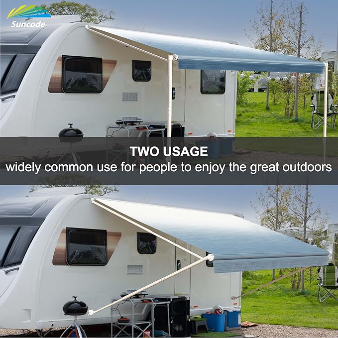 Suncode Manual RV Awning White Modular Retractable Awning Complete Kit for RV,5th Wheel,Travel Trailers,Toy Haulers,Motorhome RV Trailer Awning for Home or Camper-14x8Ft-Black Strip