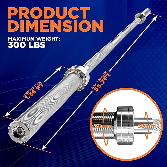 SereneLife Olympic Chrome Barbell Steel Bar, 7-Foot Weight Straight Solid Iron Weighted Workout Bar For Weightlifting, Power Lifting Strength Training Exercises, Perfect for Home Gym, 2 plastic clips