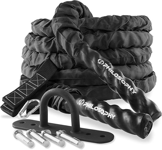 Philosophy Gym Exercise Battle Rope with Cover and Anchor Kit for Fitness Training, Conditioning