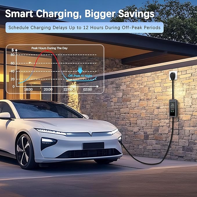 Level 1 & 2 EV Charger, 32A Portable Electric Car Charger with NEMA 14-50 & 5-15 Plugs, 110-240V, 25FT, Adjustable Current & Delay Timer, J1772 for Home/Travel