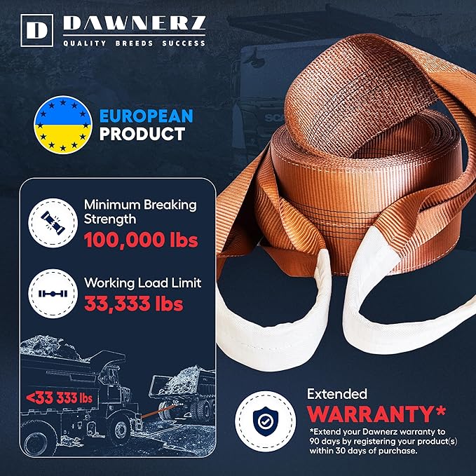 Recovery Tow Strap Heavy Duty 20 ft 100000 lbs Minimum Break Strength - Tow Rope 6 m 55 US Tons for Trucks and Buses