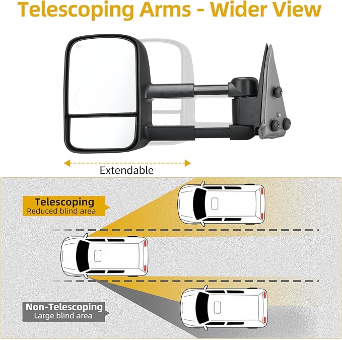 DWVO Extendable Tow Mirrors for 2003-2006 Chevy Silverado & GMC Sierra Classic Models | Power Heated, LED Signal Light, Dual Arm Wider Vision Pickup Accessories