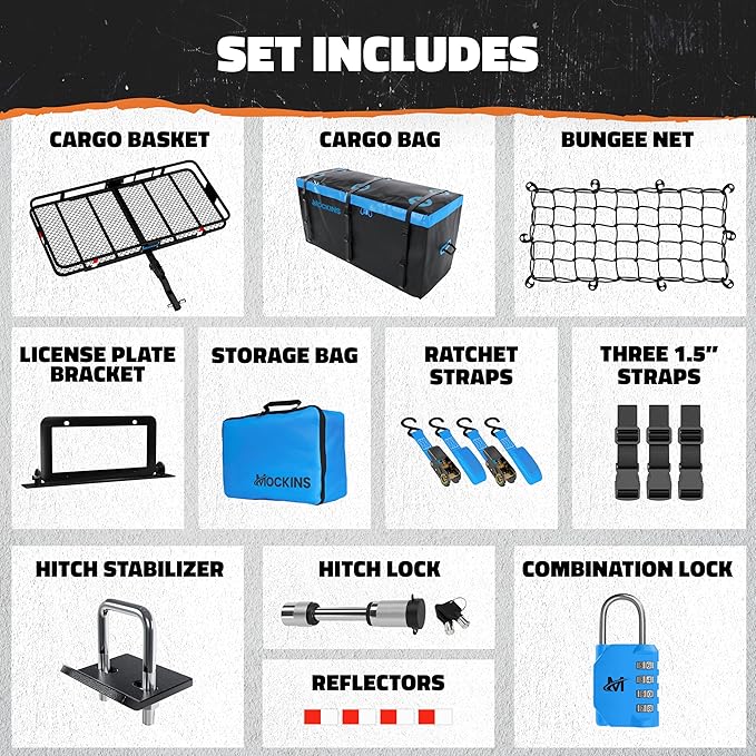 Mockins 60"x24"x6" Folding Trailer Hitch Cargo Carrier w/ 25 CuFt. Soft Vinyl Waterproof Cargo Bag for Hitch Carrier | 500 Lbs. Capacity Set w/License Plate Holder, Stabilizer, Locks, Straps, & Net