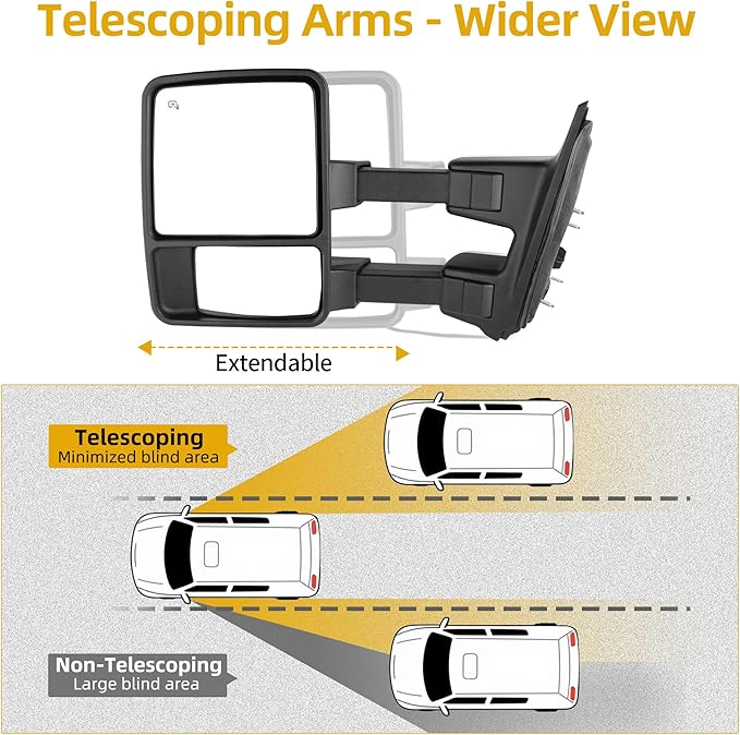 DWVO Extendable Towing Mirrors for Ford F250 F350 F450 F550 Super Duty 1999-2007 & Excursion 2001-2005 - Power Heated with Smoke Signal Lights, Dual Arm Telescoping Design