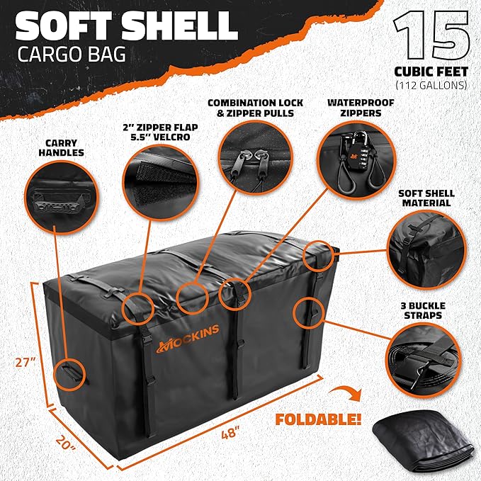 Mockins 6" Raised Shank Folding Luggage Rack 48"x20"x6" & 15 Cu Ft Waterproof Cargo Bag | Heavy-Duty 500 Lbs. Capacity Trailer Hitch Cargo Carrier for SUV Car Truck ATV & More w/Accessories