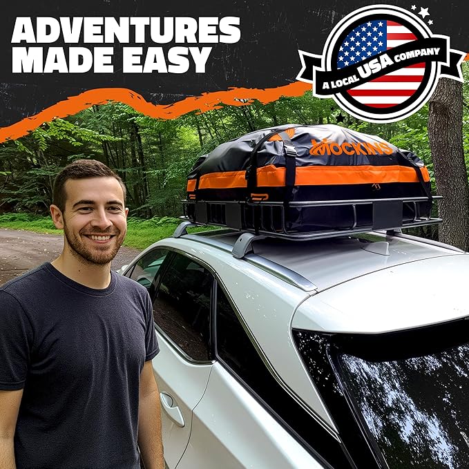 Mockins 64"x39"x6" Steel Roof Rack Cargo Carrier for Top of Vehicle & 20 CuFt Waterproof Rooftop Cargo Bag | 250 Lbs. Capacity Extendable Car Rooftop Cargo Carrier with Car Top Carrier Accessories