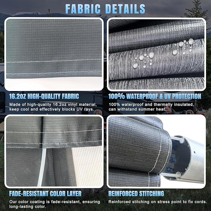 RV Awning Fabric Replacement,Camper Trailer Motorized Awning Replacement for Motorhome,Heavy Duty Weatherproof 18.5oz Outdoor Vinyl RV Canopy 15'(Fabric 14'2") Black Fade