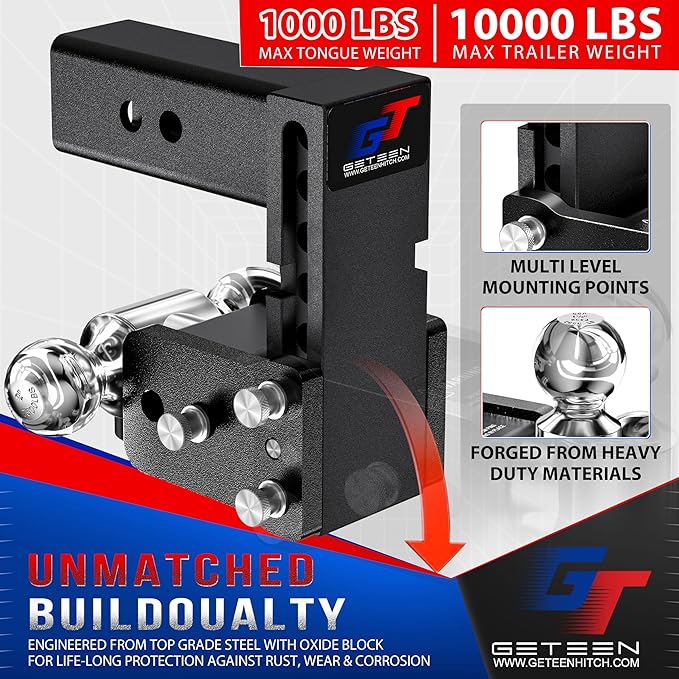 Geteen Trailer Hitches, Adjustable Trailer Hitch Ball Mount - Fits 2" Receiver, Dual Ball (2" x 2-5/16"), 5" Drop, 10,000 GTW - GT20052B