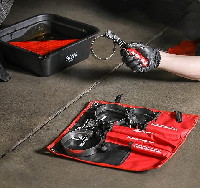 ARES 56065-4-Piece Swivel Oil Filter Wrench Set with Storage Pouch - Wrenches Cover 2 3/4-Inch to 5 1/4-Inch (70mm to 133mm) Diameter Filters - 180-Degree Swivel - Automatically Tightens on Filter