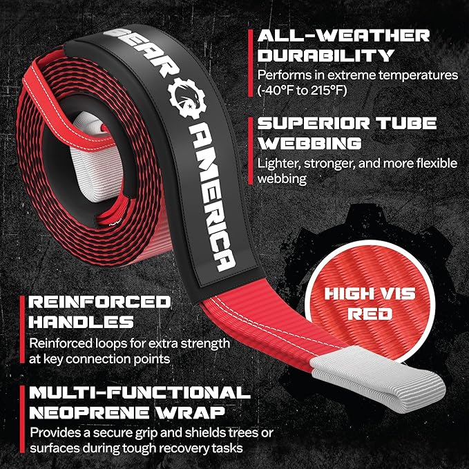 GearAmerica Heavy Duty 3"x20' Tow & Winch Strap - Tree Saver with 35,053 lb Break Strength - Offroad Recovery Rope, Weather Resistant - Triple Reinforced Loops (Red) - Tow Strap