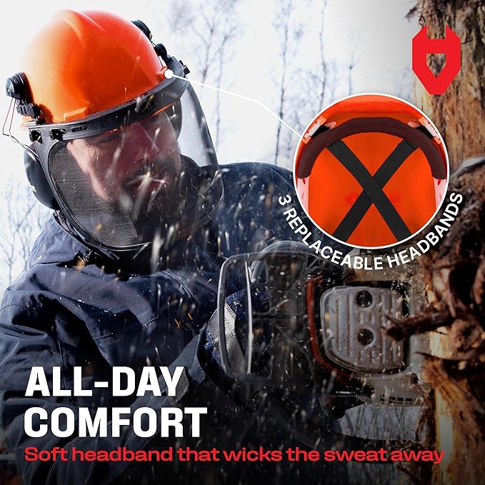 NoCry 6-in-1 Industrial Chainsaw Helmet with Face Shield and Ear Muffs — Mesh & Clear Plastic Visors Included — ANSI Z89.1 Certified — Adjustable Headgear — Ideal for Forestry and Arborist Work