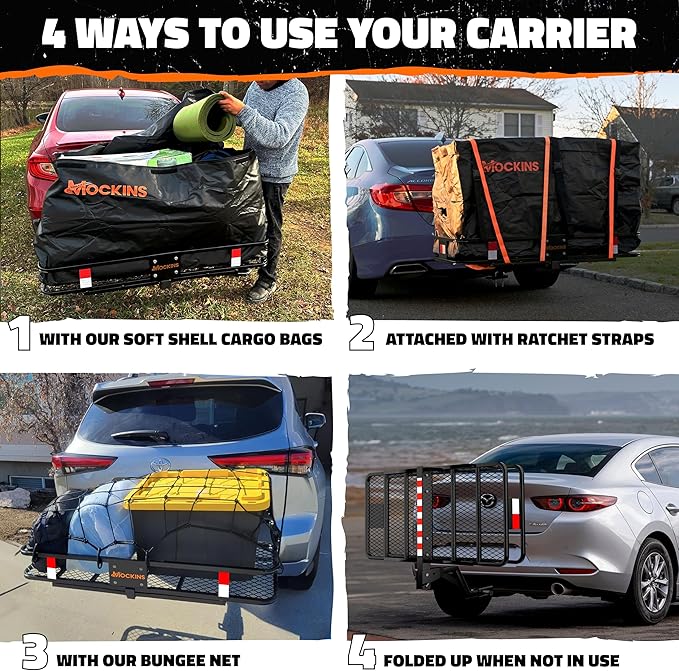 Mockins 6" Raised Shank Folding Luggage Rack 48"x20"x6" & 15 Cu Ft Waterproof Cargo Bag | Heavy-Duty 500 Lbs. Capacity Trailer Hitch Cargo Carrier for SUV Car Truck ATV & More w/Accessories