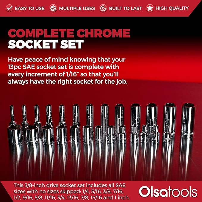 Olsa Tools SAE Deep Socket Set - 3/8-Inch Drive, 13pc - 6-Point Chrome Sockets from 1/4" to 1" and No Skipped Sizes - Mechanic Deep SAE Socket Set - Professional Grade Long Sockets - Part: 1332