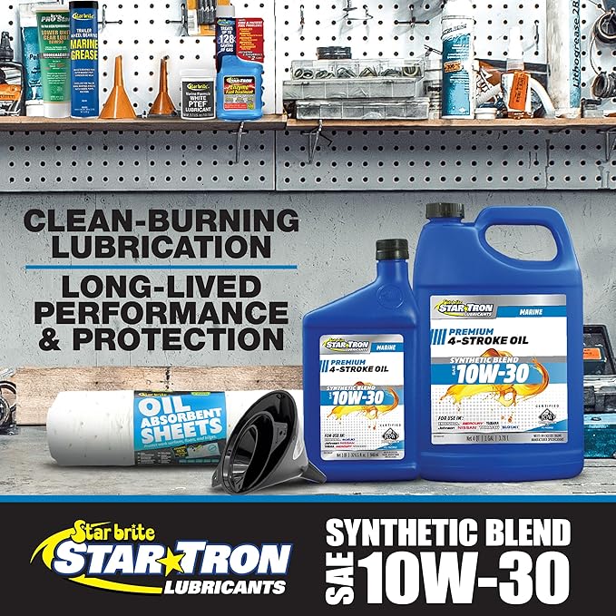 STAR BRITE Star Tron Premium 4 Stroke Marine Oil - 10W-30 - Synthetic Blend Engine Oil for Outboards, Gasoline Inboards & Stern Drives - NMMA FC-W Certified, 32 OZ (028132)