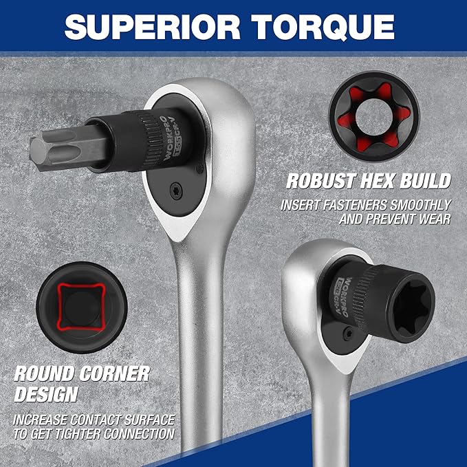 WORKPRO 60-piece Master Torx Bit Socket and External Torx Socket Set, 1/4", 3/8", 1/2" Drive Bits, Female E Sockets E4-E24, Star Socket Bits T6-T70, TT6-TT70, TP8-TP60, CR-V & S2 Alloy Steel