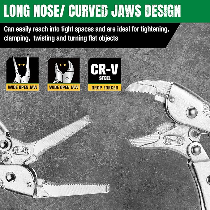 SK 5-Piece Locking Pliers Set, Long Nose & Curved Jaw Locking Pliers, Premium CR-V Construction, Ergonomic Anti-slip Handle, Ideal for Welding or Assembly, with Rolling Pouch