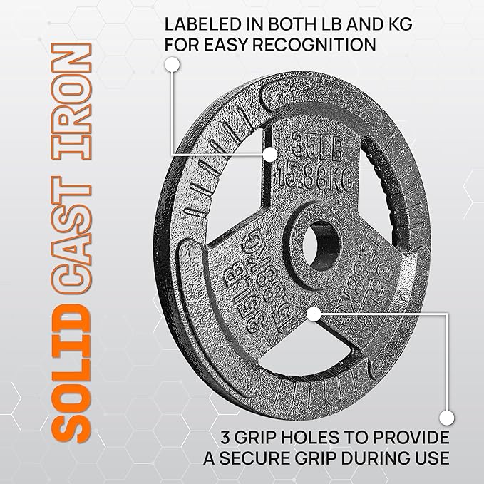 Yes4All Tri-Grip Handles Cast Iron Olympic Weight Plates, 2-Inch Weight Plates for Weight Lifting with Smooth and Durable Finish, Suitable for Strength Training Exercises (Single, Pair and Set)
