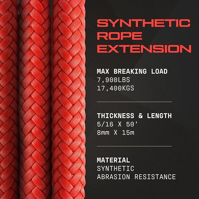 Synthetic Winch Extension Rope, 5/16" x 50' Heavy Duty Winch Cable, 7900KG Load – Ultimate Winch Rope Kit, for Car, Truck