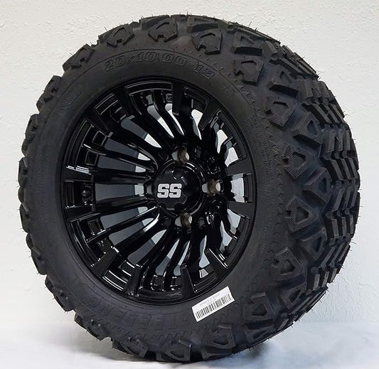 12" Matador Gloss Black Wheels and 20x10-12 All Terrain Tires Combo - Set of 4