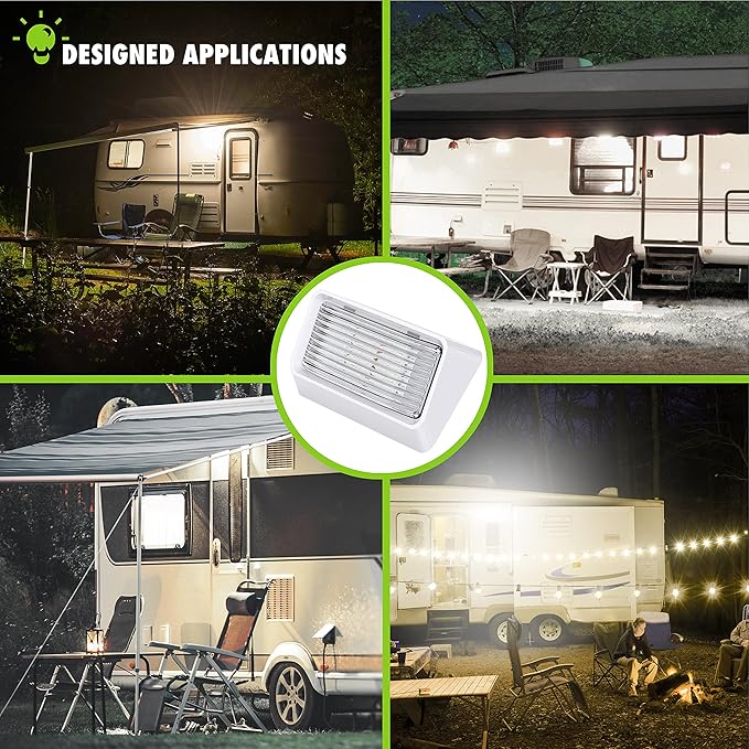 Leisure LED RV Exterior Porch Utility Light - 12v 280 Lumen Lighting Fixture. Replacement Lighting for RVs, Trailers, Campers, 5th Wheels. White Base, Clear and Amber Lens Included (White, 2-Pack)