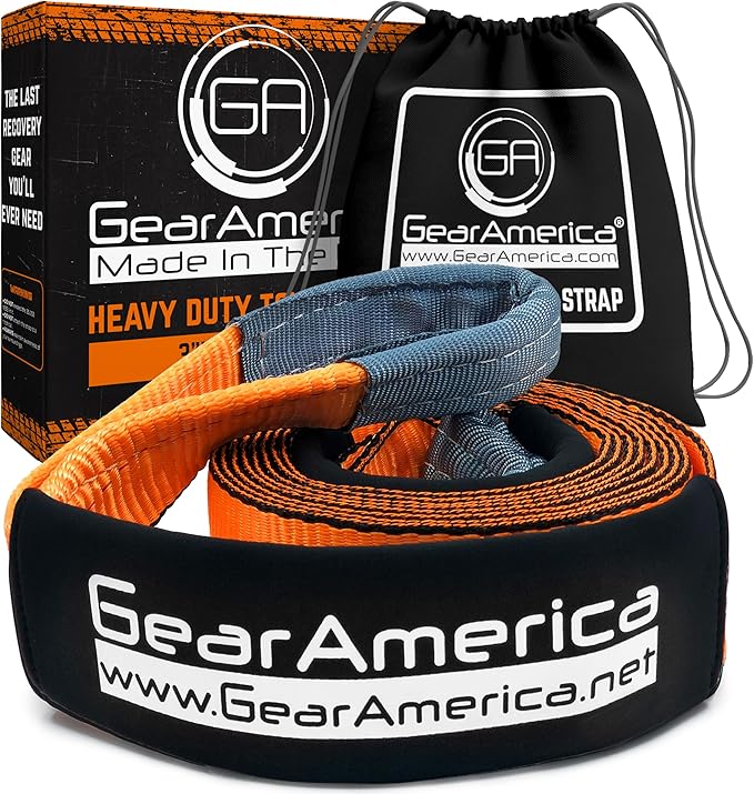 GearAmerica Heavy Duty Tow Strap - 3" x 20' - 35,053 lb Break Strength Tree Saver Winch & Recovery Rope for Offroad - Weather Resistant Triple Reinforced Loop Design