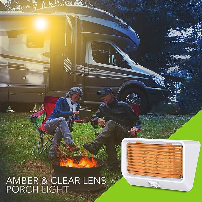 Leisure LED RV Exterior Porch Utility Light with Switch - 12v 280 Lumen Lighting Fixture. Replacement Lighting for RVs, Trailers, Campers, 5th Wheels. White Base, Clear and Amber Lens (White, 2-Pack)