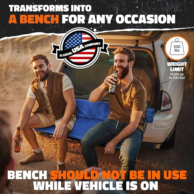 Mockins 2-in-1 Trailer Hitch Cargo Carrier Bench 48"x18"x6" w/ 15 CuFt Vehicle Soft Shell Carriers Bag | 500 Lbs. Capacity Folding Cargo Hitch Carrier Tailgate Seating Set w/Stabilizer, Straps & Lock