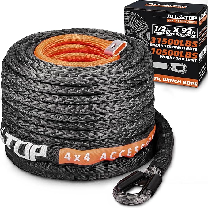 ALL-TOP Synthetic Winch Rope Cable, 1/2" x92ft, 31500LBS Winch Replace Line with Protective Sleeve for Offroad Vehicle SUV Truck
