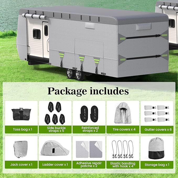 ACTFLAME Travel Trailer Cover, Waterproof RV Cover Non-Woven Fabric with Anti-UV, Extra Windproof Straps (Fits 27-30FT)