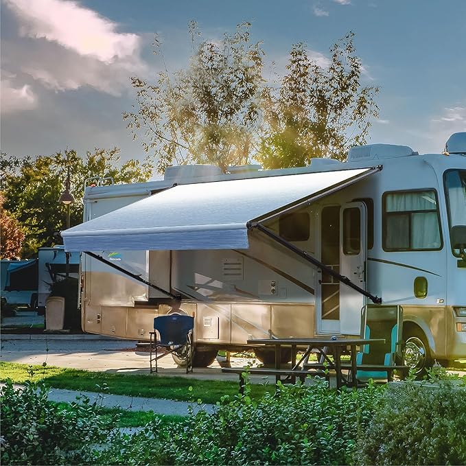 Suncode Manual RV Awning Black Modular Retractable Awning Complete Kit for RV,5th Wheel,Travel Trailers,Toy Haulers,Motorhome RV Trailer Awning for Home or Camper-14x8Ft-Blue Fade