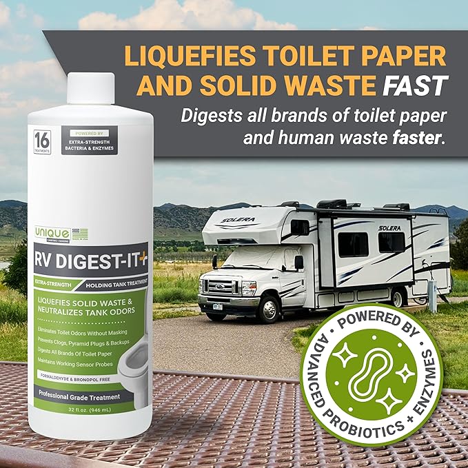 Unique RV Digest-It+, Extra-Strength RV Toilet Treatment - Liquifies Waste and All Brands of Toilet Paper - Odor Eliminator (32 oz)