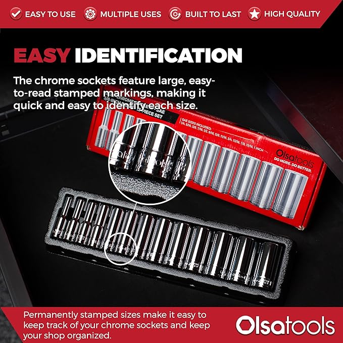 Olsa Tools SAE Deep Socket Set - 3/8-Inch Drive, 13pc - 6-Point Chrome Sockets from 1/4" to 1" and No Skipped Sizes - Mechanic Deep SAE Socket Set - Professional Grade Long Sockets - Part: 1332