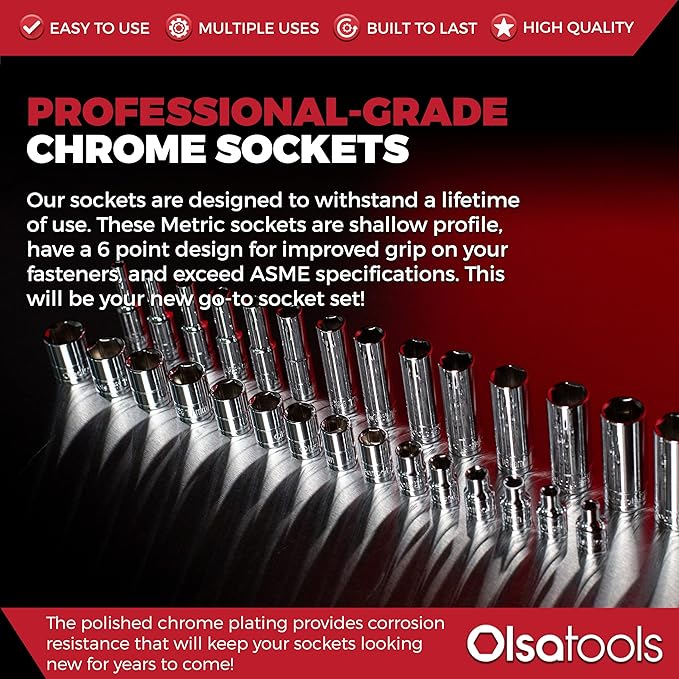Olsa Tools Metric Shallow Socket Set - 3/8-Inch Drive, 15pc - 6-Point Chrome Sockets from 6mm–20mm and No Skipped Sizes - Mechanic Shallow Metric Socket Set - Professional Grade Sockets - Part: 1331