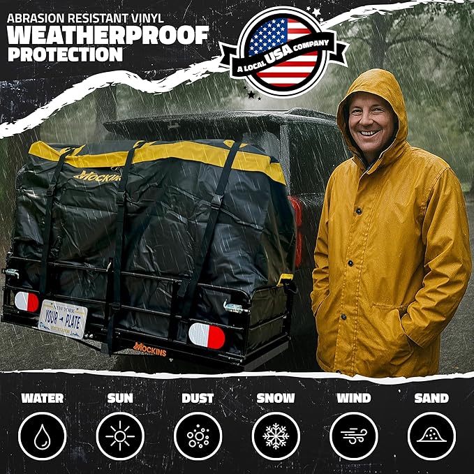 Mockins 30 CuFt Trailer Hitch Cargo Carrier Bag | 60"x24"x36" Weatherproof Cargo Bag for Hitch Carrier | Waterproof Truck Bed Storage | Vinyl Vehicle Soft Shell Carriers Set for Road Trips & Camping