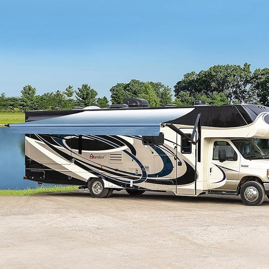 Awnlux Black Motorized Modular Retractable RV Awning Full Set Assemblies for RV, 5th Wheel, Travel Trailers, Toy Haulers, and Motorhome - RV Trailer Awning for Home or Camper - 11x8 Ft - Ocean Blue