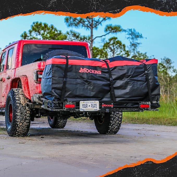 Mockins 60"x20"x6" Heavy Duty Trailer Hitch Cargo Carrier w/License Plate Holder, Rear Lights, & More | 500 Lbs Cap Cargo Carrier Hitch Mount Basket | Folding Luggage Rack for SUV, Car, Truck, & RV
