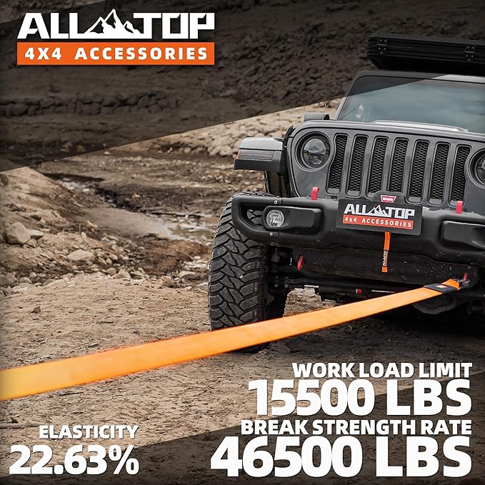 ALL-TOP Recovery Snatch Strap, 4in x 30ft - 46500Lbs, Extreme Duty 100% Nylon Kinetic Towing Recovery Strap with 22% Elongation & Reinforced Loops