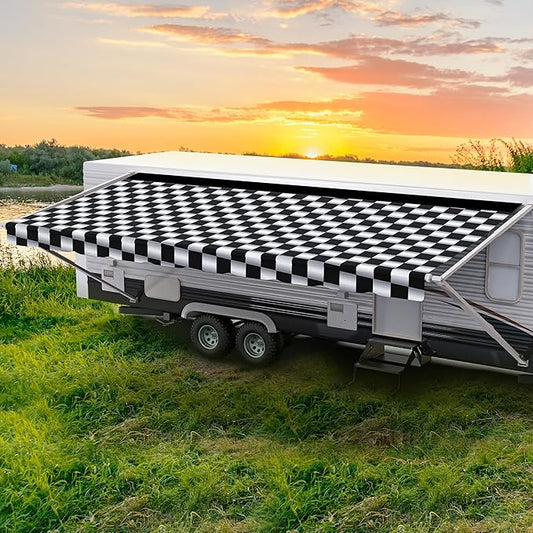 ShadePro - RV Awning Fabric Replacement - Heavy Duty Weatherproof Vinyl - Universal Outdoor Canopy for Camper, Trailer, and Motorhome Awnings - Checkered Flag Blk WG - 9' (Fabric 8'2")