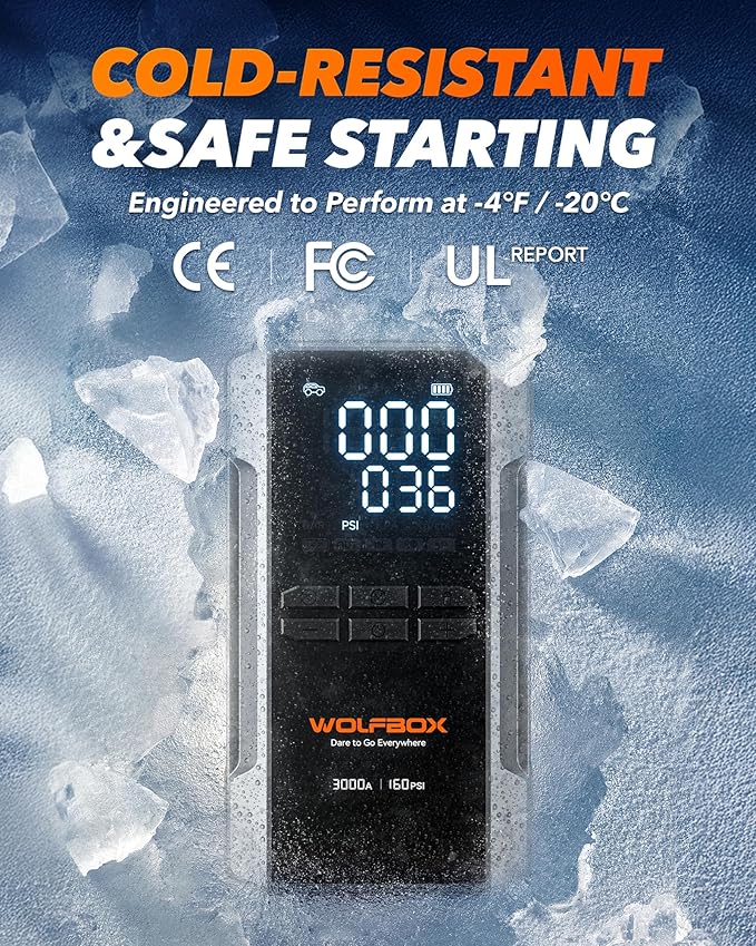 WOLFBOX 3000A Jump Starter with Air Compressor, 16000mAh&160PSI Portable Car Battery Jump Starter with 65W Fast Charge, 12V Battery Pack (8L Gas 6L Diesel Engine) with Boost, Light and Jumper Cables